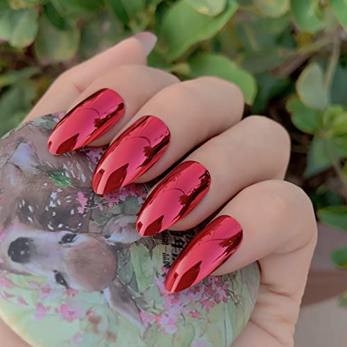 Ikiskt Almond Press On Nails Metal Red Medium False Nails Bright Red Metallic Pre-Designed Full Cover Mirror Reflative Fake Nail Set Stick On Tips Manicure For Party Dating Ladies Girls #TOP1