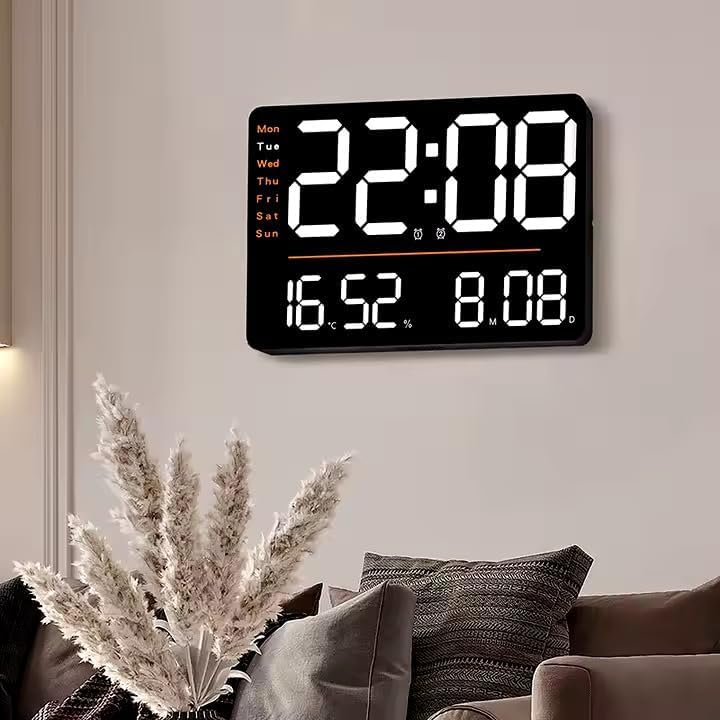 Image of 15-Inch Digital Wall Clock with Large LED Display - Remote Control, Auto-Dimming, Night Light, Date, Day, Temperature, DST Function - Ideal for Living Room, Bedroom (Square Orange)
