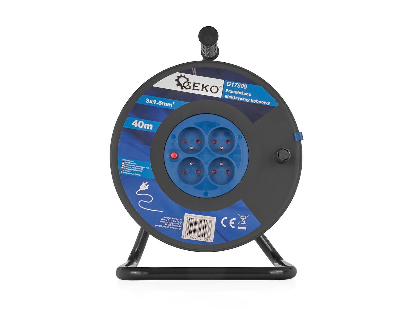 BSD Prolunga Elettrica a Bobina 40m con 4 Prese, Cavo Rame 3x1,5mm2, Ideale per Cantiere e Officina, Manovella per Riavvolgimento, Colore Nero, 7kg