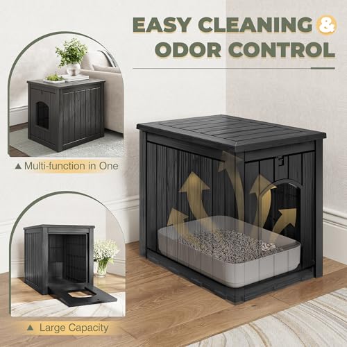 Image of Cat Litter Box Enclosure, Openable Front Door Outdoor Enclosed Cat Litter Box, Outdoor Cat House Weatherproof Raised Floor, Easy to Clean, Black