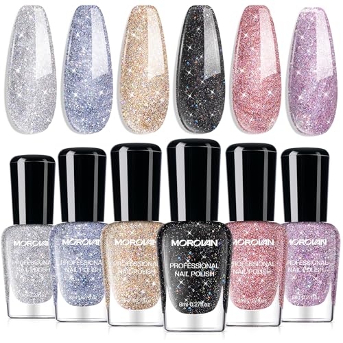 Morovan Glitter Nail Polish Set: Quick Dry Nail Polish Kit Sparkle Gold Silver Black Sparkly Fingernail Bulk Flash Diamond Regular Manicure Gifts for Women