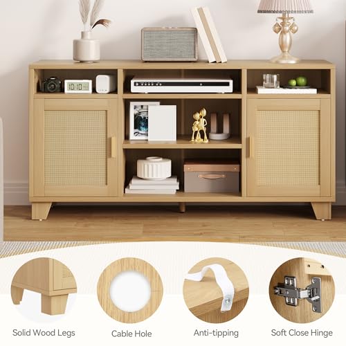 DWVO Rattan TV Stand for TVs up to 65 Inch, Entertainment Center with Rattan Door, Boho Media Console with Adjustable Shelf, 1 Solid Wood Feet, TV Stands for Living Room