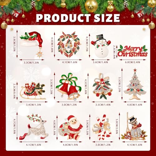 Image of 12PCS Merry Christmas Brooches, Rhinestone Crystal Pins for Women