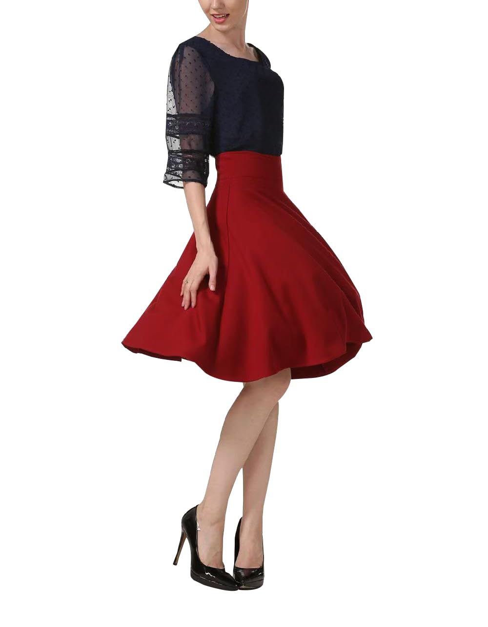 Artykey Falda larga retro de cintura alta para mujer, longitud polar, elegante, acampanada, color liso
