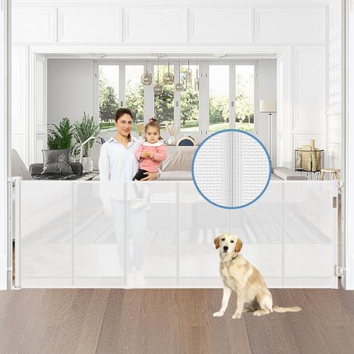 Reinforced 75 Wide Retractable Baby Gate with Support Rods Upgrade Extra Long Retractable Dog Gates for Doorways Extra Wide Mesh Baby Gate Retractable Pet Gate for Stairs Child Safety Gate(White)