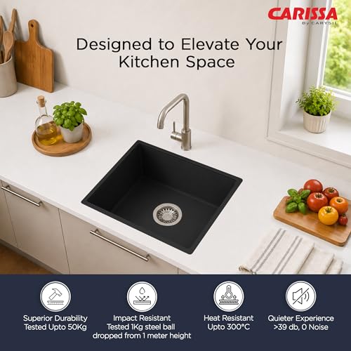 Image of Carissa By Carysil Titanium Quartz Kitchen Sink 18 x 16 x 8 inches, Single Bowl Granite Sink with 80% Quartz & 20% Resin, Heat Resistant 300C, 50kg Load Bearing, Stain Resistant - Z-Black