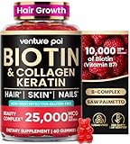 Venture Pal Biotin Gummies with Collagen & Keratin - Hair Growth Support Skin and Nail Strength Vitamins for Women & Men - Biotin 10000mcg | B-Complex | Saw Palmetto - Sugar Free, Non-GMO, 60ct