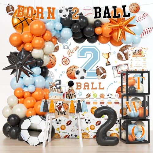 Born Two Ball Birthday Decorations 134 PCs Sports 2nd Birthday Party Supplies Table Decor with Balloons Boxes Born 2 Ball Banner Backdrop Tablecloths Cake Cupcake Toppers Poster