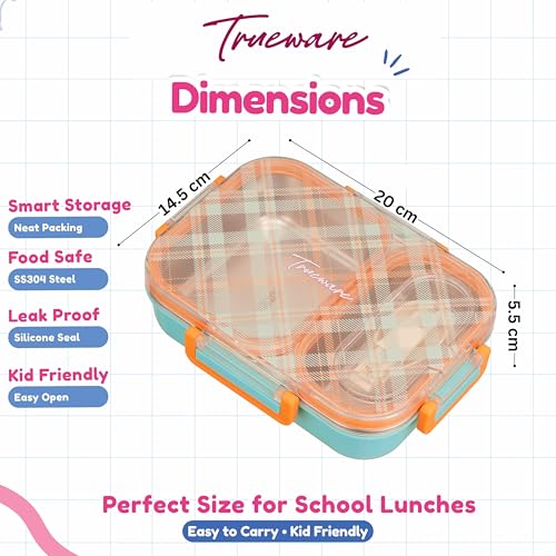 Image of Trueware Cool Touch 304 Stainless Steel PU Insulated Lunch Box with Two Compartment BPA Free, Food Grade Ideal for School, Picnic, Office & Outdoor - 540ml