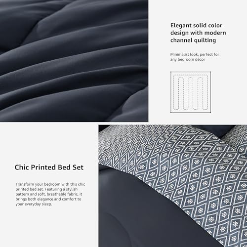 Image of Monbix King Size Comforter Set - 7 Pieces Bed in a Bag King, Blue Grey Track Stitching Bedding Sets with Comforter, All Seasons Comforter Bed Set with Sheets, Pillowcases & Shams