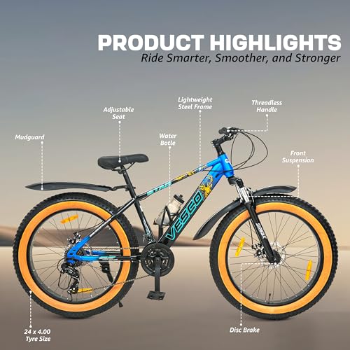 Image of VESCO Stag 24T Fat Tyre Cycle for Boys, & Kids 15+, 21 Gears Cycle, Dual Disc Brakes, Front Suspension, Fitness & MTB Cycle (Blue, 24), 187 x 66 x 112 cm