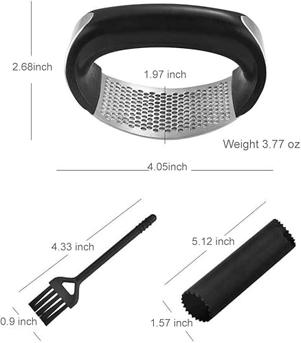 Miniatura 2 de Mecedora de prensa de ajo, de acero inoxidable, trituradora de jengibre, con mango ergonómico, tubo de silicona, pelador de ajo y cepillo de limpieza