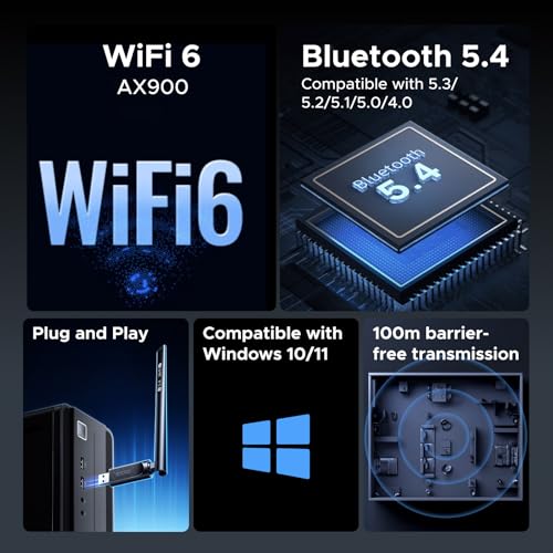 Ugreen Wifi Dongle, 2-IN-1 Wi-Fi 6 Bluetooth 5.4 Wifi Adapter For Pc, AX900 Usb Wifi Dongle 5Ghz/2.4Ghz Usb Wireless Adapter For Pc Laptop Computer Windows 10/11 - 2