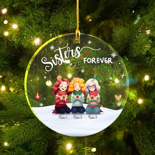 Sisters We Forever Clear Plastic Ornaments, Christmas Decorations Personalized Name Three Girls Wear Sweater Scarf with Wine Glass Acrylic Ornaments, Gifts for Sister Friends Siblings Bestie