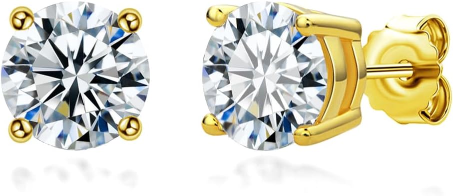 JIANGXIN 4mm 0.3ct D Color VVS1 Moissanite with Certification 925 Sterling Silver 18K Gold Plated Stud Earrings