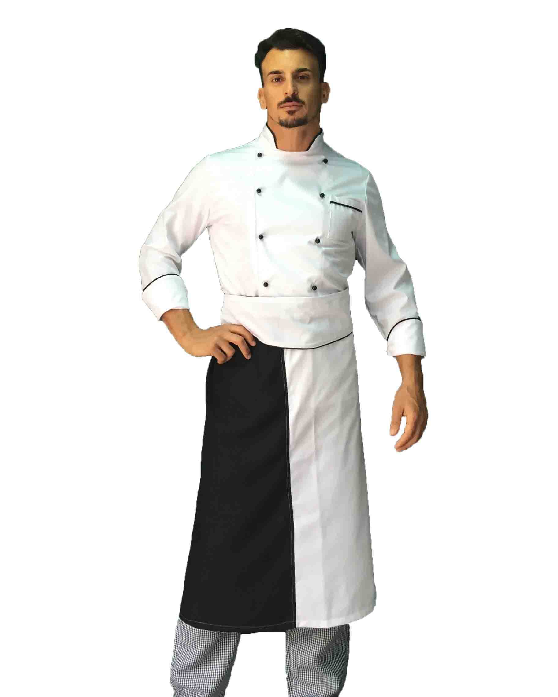 Bordado Gratuito Completo Cocinero Hombre Uniforme Chef Blanco Negro y Pied de Poule Personalizable Chaqueta, Pantalones y Delantal Uniforme para Cocina y Restaurante, Blanco