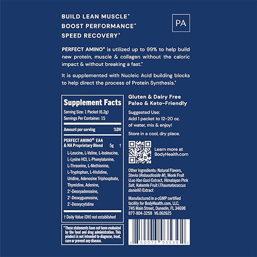 Image of BodyHealth PerfectAmino Powder - BCAA and EAA Powder for Pre and Post Workout - Amino Acid Energy Drink for Men and Women to Support Lean Muscle and Recovery - Vanilla - Stick Packs - 15 Servings