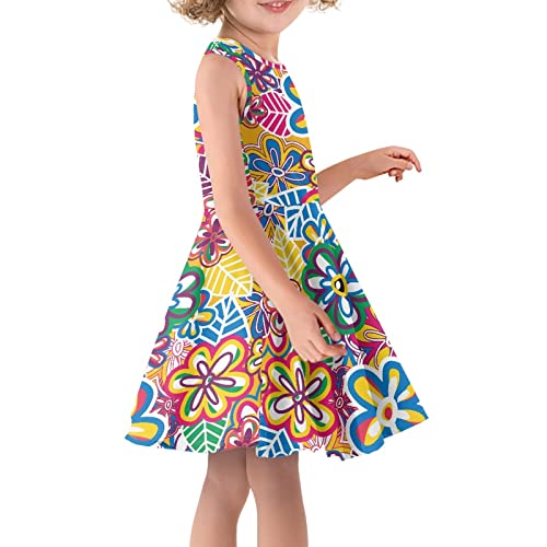 Horeset Tropical Flower Print Sleeveless Dress for Girls Toddler,Fashion Casual Twirl Dress Washable Sleeveless Dress3