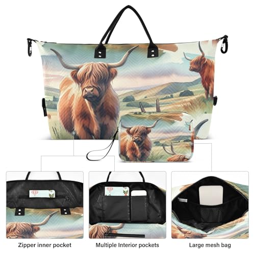 Watercolor Highland Cows Travel Duffel Bag, Shoulder Weekender Overnight Bags - Large Gym Bag with Wet Pocket2