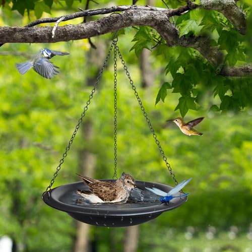 Image of 11.5 Inch Matte Black Metal Hanging Outdoor Bird Bath Bowl | Comes with 15.5 in rust-proof chains & magnetic dragonfly, weather-resistant decor for garden & backyard