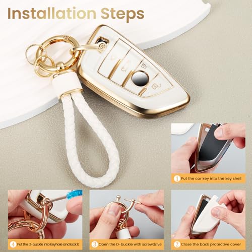 Image of Car Key Fob Cover, White Braided Loop Keychain Case, Gold Edge