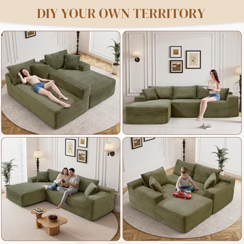 Image of 95 inch L Shaped Boneless Sectional Couches, Wide Armrest, Deep Seat, Memory Foam, Assembly Free, Modern Comfy Corduroy Fluffy Cloud Sofa with Left Chaise for Living Room, Small Spaces, Green