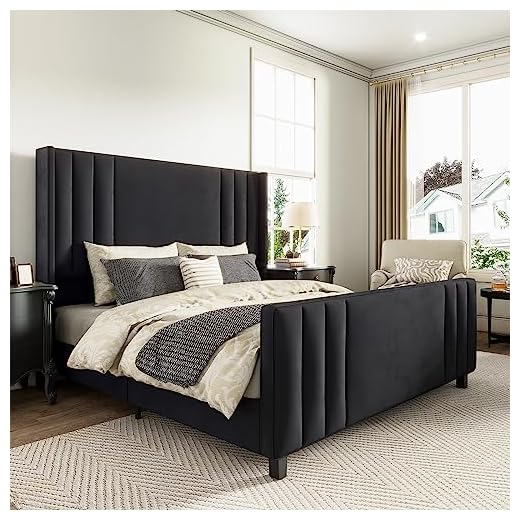 AMERLIFE King Size Bed Frame, Velvet Upholstered Platform Bed with Vertical Channel Tufted Headboard & Footboard/Wingback, Mattress Foundation with Wood Slats, No Box Spring Needed, Black