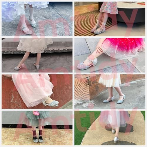 Image of Amtidy Girls Glitter Bow Low Heel Princess Shoes, Mary Jane Ankle Strap Dress Pumps for Wedding Birthday Party Performance