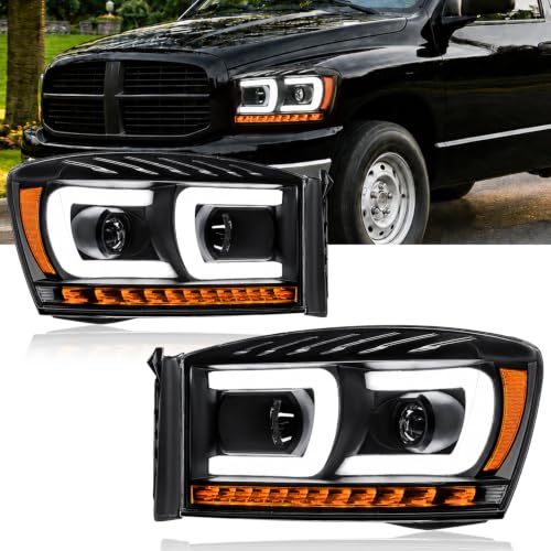 Fullux LED DRL Headlights Assembly for 06-08 Dodge Ram 1500 2500 3500 Left and Right Side Replacement Headlamp Amber Reflector Black Housing