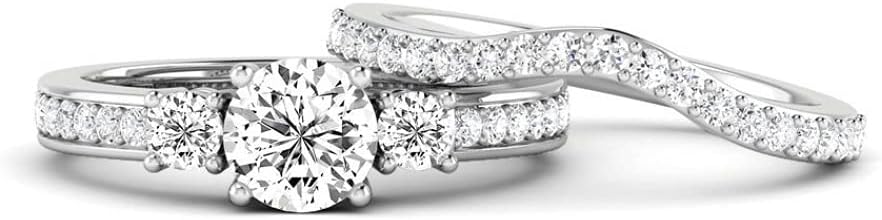 JEWELS FORUM 1.31 Carat Diamond 14k Gold Engagement Ring For Women 3 Stone Bridal Ring Set 0.50cts Solitaire Round Diamond Anniversary Wedding Eternity Bands (Color HI/Clarity I1-2)