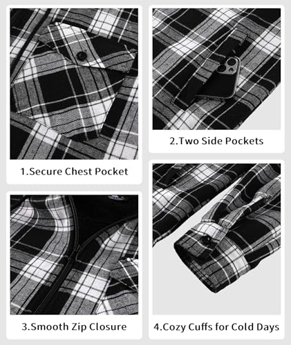 Image of V VALANCH Men's Sherpa Lined Flannel Jacket with Hood - Zip Up Plaid Shirt Jacket Winter Outdoor Warm Outerwear Fleece Coat