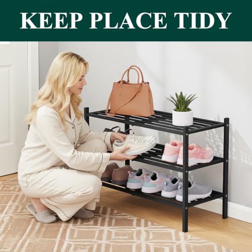 Image of Smiry Bamboo Shoe Rack, 5 Horizontal Slats, 3 Tier - 26.8 inch Wide, Black