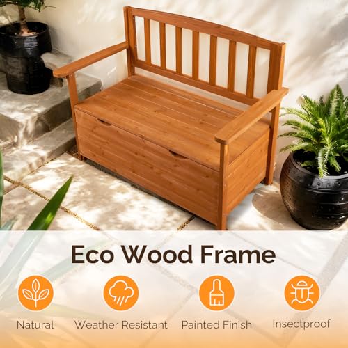 Image of VINGLI Outdoor Storage Bench, Large Wood Deck Box with Seating, Weatherproof Outdoor Bench with Storage Loveseat, 2-Person Wooden Patio Bench for Entryway, Backyard, Garden