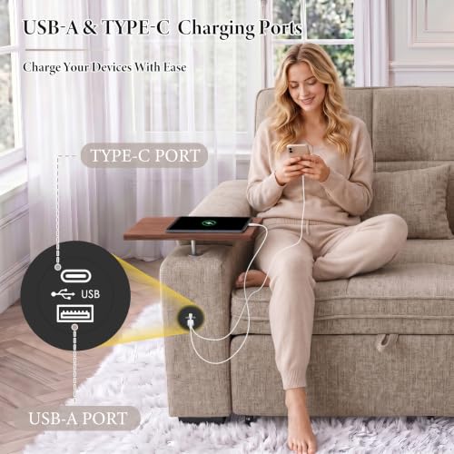 Image of Dreamzie 65'' Convertible Sleeper Sofa Bed with Swivel Side Table, Chenille Pull Out Couch for Living Room, Loveseat Sleeper Couch with Hidden Storage Space | Charging Port | Cup Holders, Brown