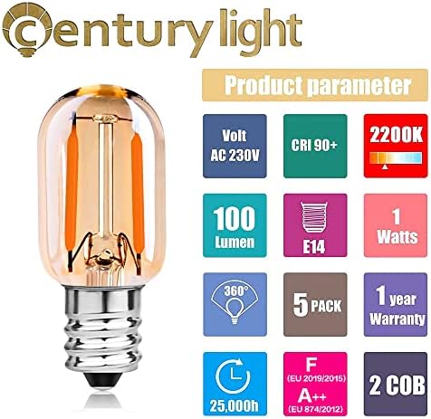 1W E14 T22 LED Filament Candelabra Bulbs (Amber Glass), Vintage Edison Screw Tubular Night Light Bulb,Ultra Warm White 2200K,10 Watt Equivalent 100 Lumen,Non Dimmable, Pack of 5