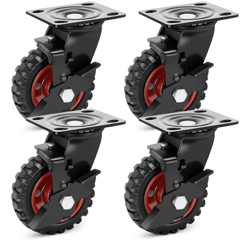 Humagineer 5 Inch Outdoor Heavy Duty Casters Wheels Set of 4, Sturdy Large Rubber Casters with Brake, Industrial Grade Plate Swivel Castors 1080 LBS with Knobby Tread for Workbench, Cart, Chicken Coop