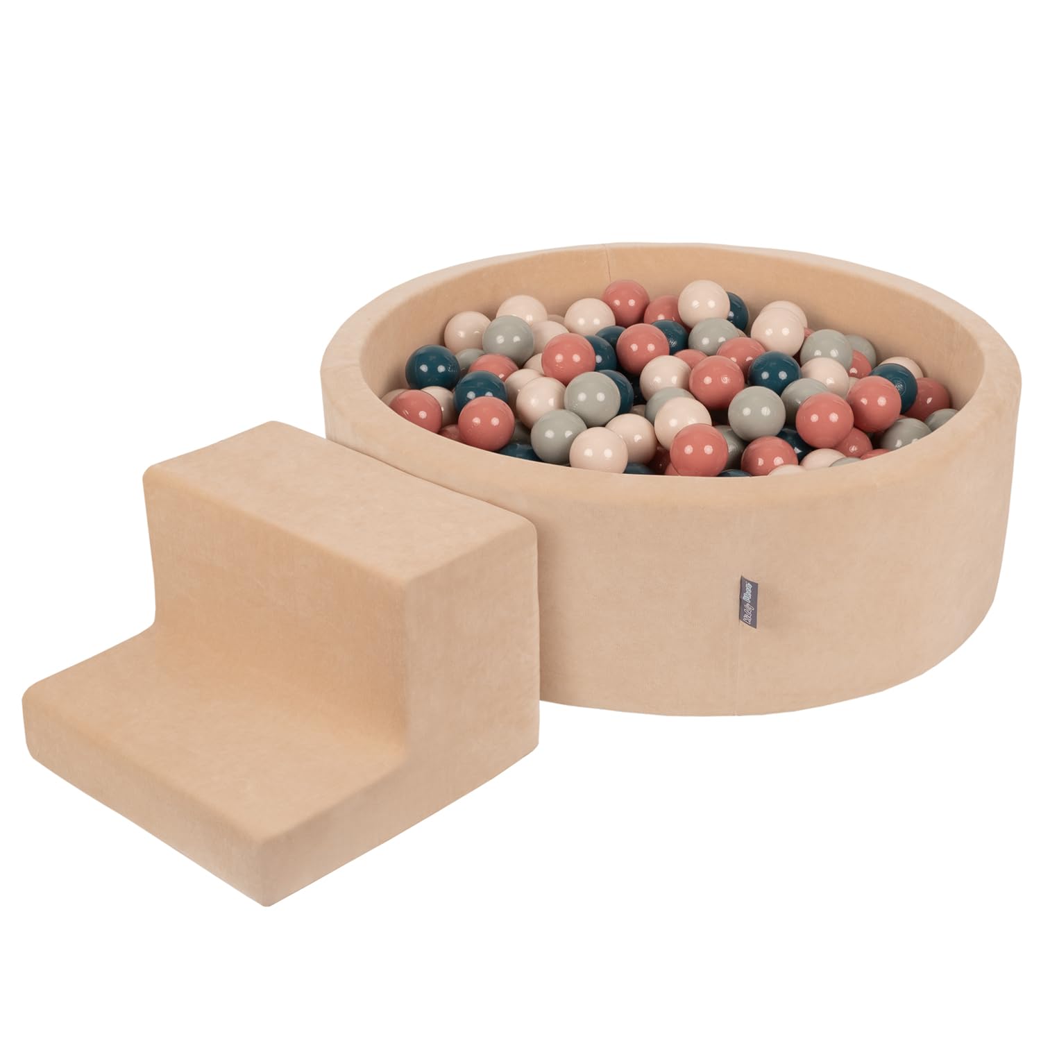 KiddyMoon Foam Playground Velvet For Kids With Round Ballpit (100 Balls ∅ 7Cm/2.75In) Soft Obstacles Course And Ball Pool, Sand Beige: Dark Turquoise/Pastel Beige/Green/Grey/Salmon