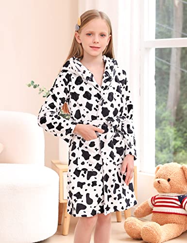 Aideaone Girls Bathrobes Cow Plush Hooded Robe Soft Flannel Sleepwear With Pockets Size 13-14 #TOP1