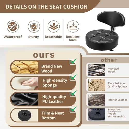 Image of Kaleurrier Rolling Stool with Back Rest, Swivel Chair Adjustable Height, Heavy Duty Stools for Kitchen Salon Bar Office Garage Shop Massage (with Back Rest) (Black)