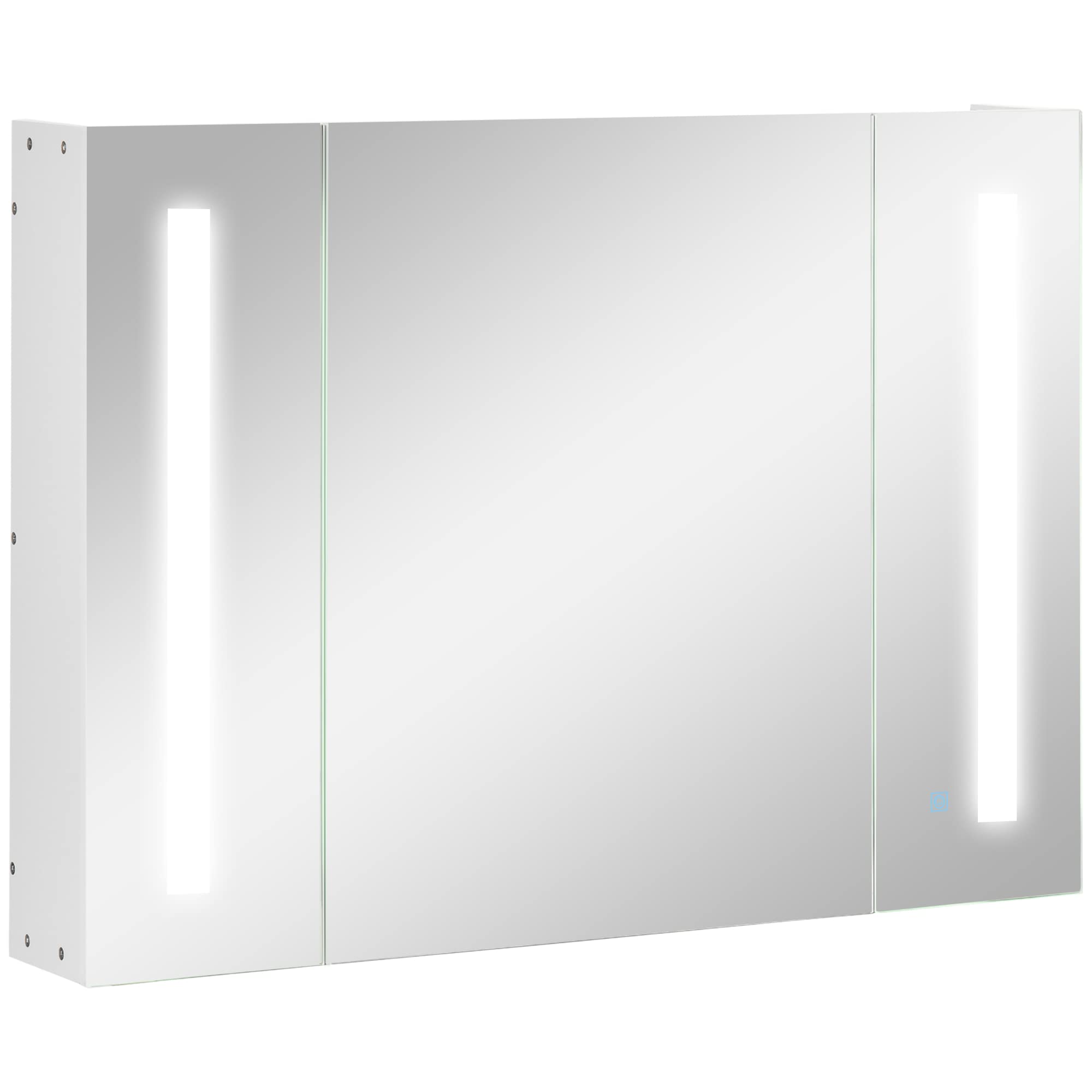 kleankin Mueble Almacenaje, Armario con Espejo de Baño de Pared de MDF con 3 Armarios, 3 Estantes y Luz LED, 90 x 15 x 65 cm, Blanco