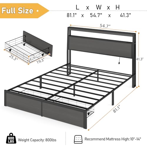 Image of Full Size Bed Frame with 2 Storage Drawers, Full Bed Frame, Rustic Grey | LED Light, Charging Station, Wood Headboard, Metal Platform, No Box Spring Needed, Noise Free, Easy Assembly