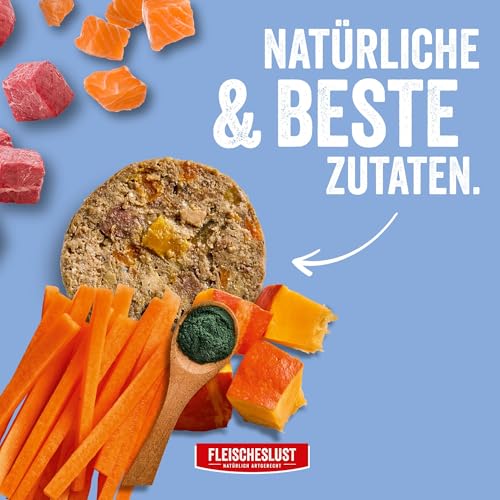 Fleischeslust Hundewurst | Lachs & Rind mit Karotte, Kürbis & Spirulina | Futterbox (6x800g) | Nassfutter | schnittfest | getreidefrei | Alleinfuttermittel für Hunde