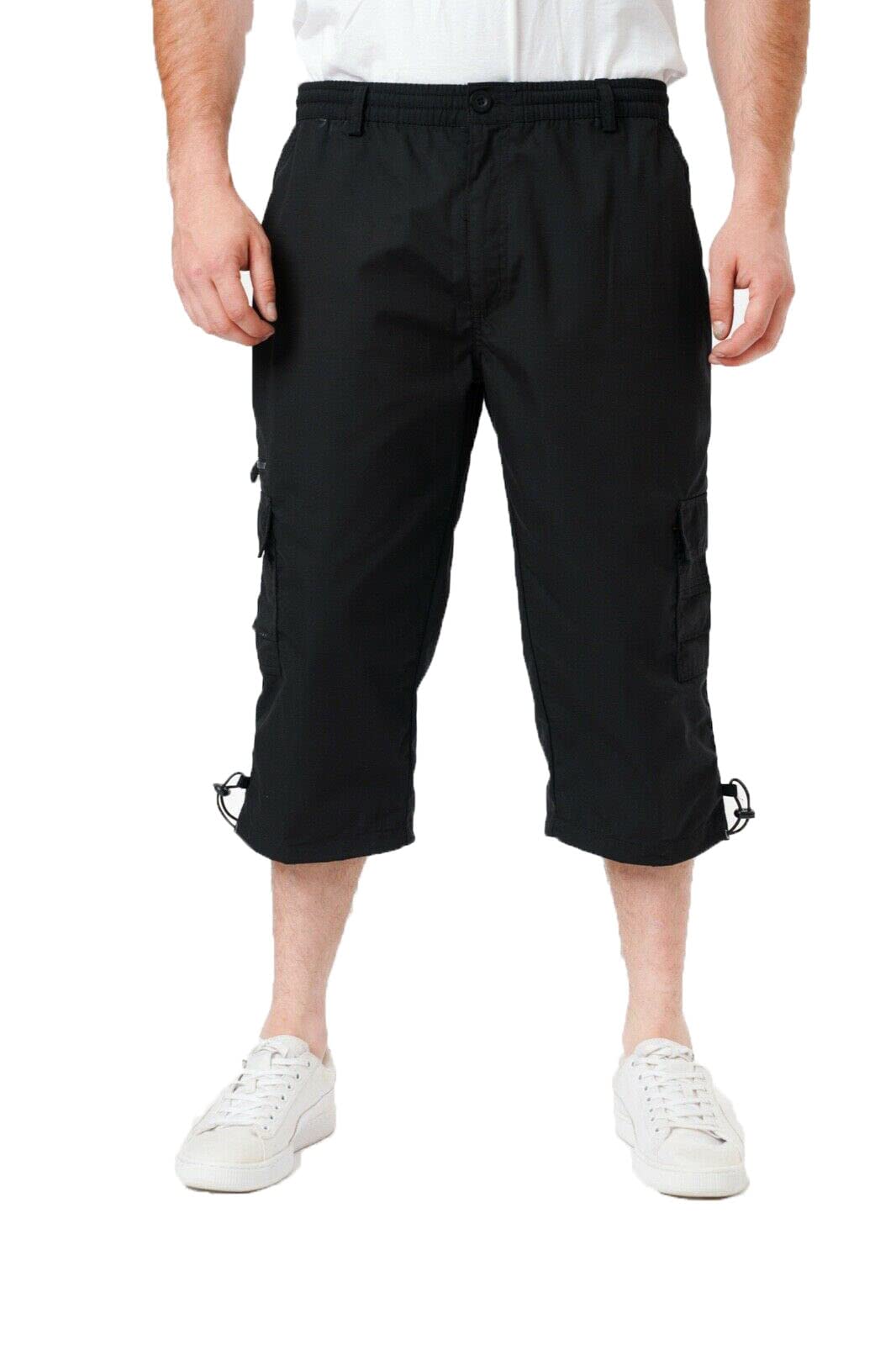 Label Apparel Men's Black 3/4 Shorts Cargo Combat Elasticated Waist Three Quarter Length Long M-3Xl (As8, Alpha, X_l, Regular, Regular, )