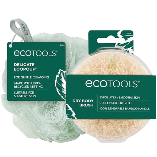 EcoTools Dry Body Brush for Circulation Dead Skin Removal + Green Delicate EcoPouf Made with Recycled Netting for Cleansing and Exfoliating Sensitive Complexion Self-Care Gifts