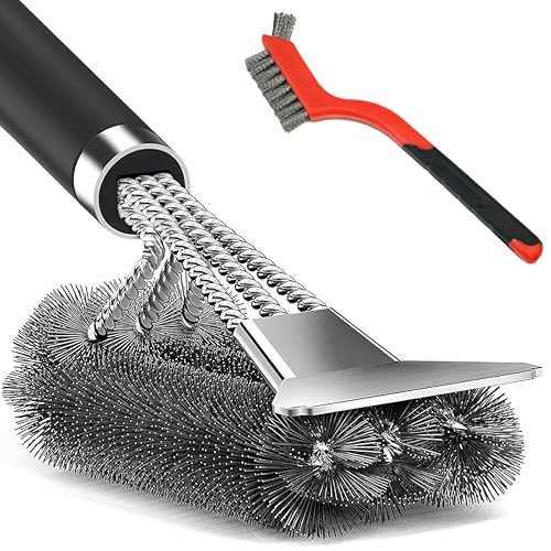 BBQ Grill Cleaning Brush with Stainless Steel Scraper, Bristles & Extra-long Handle, 2-in-1 BBQ Wire Brush for Electric Grill, Gas Grill, Charcoal Grill, Bonus Brush Included
