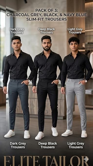 Image of Men Slim Fit Formal Trousers | Stylish Ankle Length Stretchable Office Pants | Men's Comfortable Slim Fit Trousers Combo Pack of 3