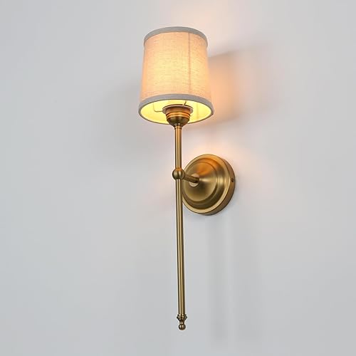 Miniatura 9 de Aplique de pared con acabado antiguo con pantalla de tela de lino, E26 con cable para interiores, lámpara de pared de 1 luz para sala de estar,