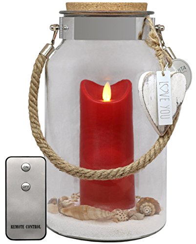 Dekovita Linterna de Vidrio 30cm Vela Exterior Rojo Mando a Distancia Vidrio Decorativo Regalo Amor día de la Madre Boda cumpleaños Cover