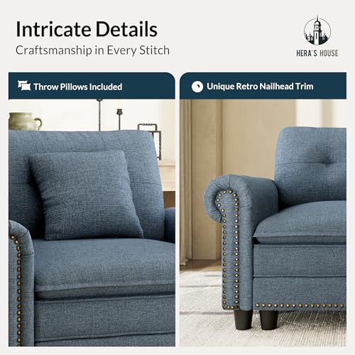 Image of HERA'S HOUSE Modular Sectional Sofa Set for Living Room 2-Piece Deep Seats | Mid-Century Modern 5-Seater Cloud Sofa Set, Cyan, Rolled Arms & Nailhead Trim, Wider & Deeper Seats, Linen Furniture Set