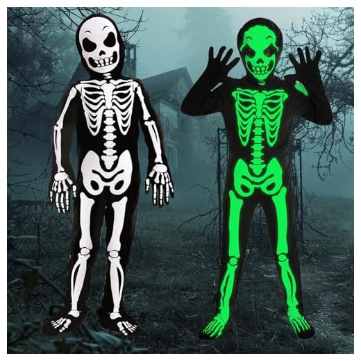 BBLTIFF Disfraz Halloween Niño, Disfraz Esqueleto Niño con Guantes y Gorro, Disfraz Esqueleto Brilla Oscuridad, Disfraces de Halloween Para Niños, Brilla en La Oscuridad, Para Niños y Niñas (L)
